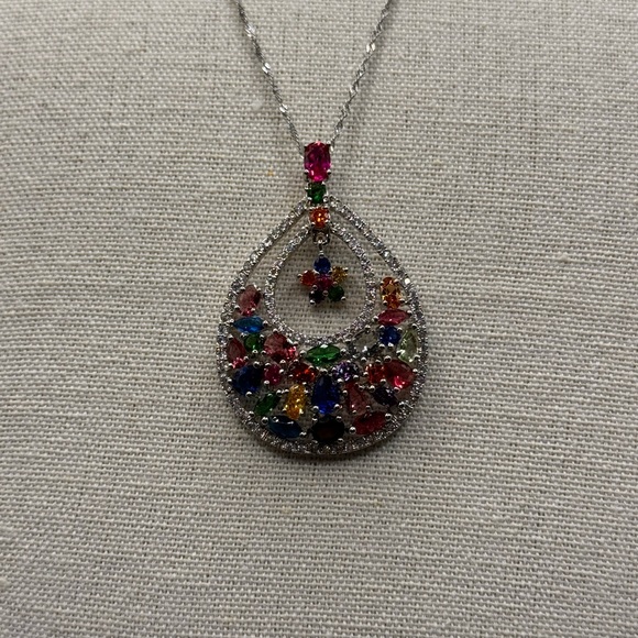 Platinum Plated Sterling Silver pendant with cubic zirconia & multicoloured gems - Picture 7 of 13